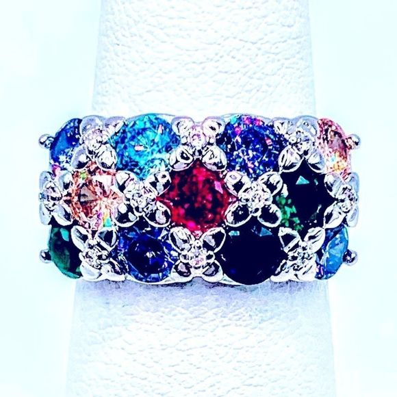 NEW! COLORFUL RAINBOW 🌈 FLORAL AUSTRIAN CRYSTAL S925 ADJUSTABLE RING! - Picture 8 of 13